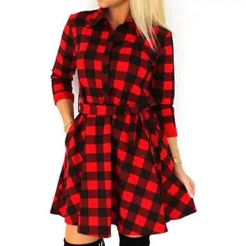 

Dress Women Casual Plaid Shirt Dress High Waist Charming Slim Dress Long Sleeve Mini Dress With Belt