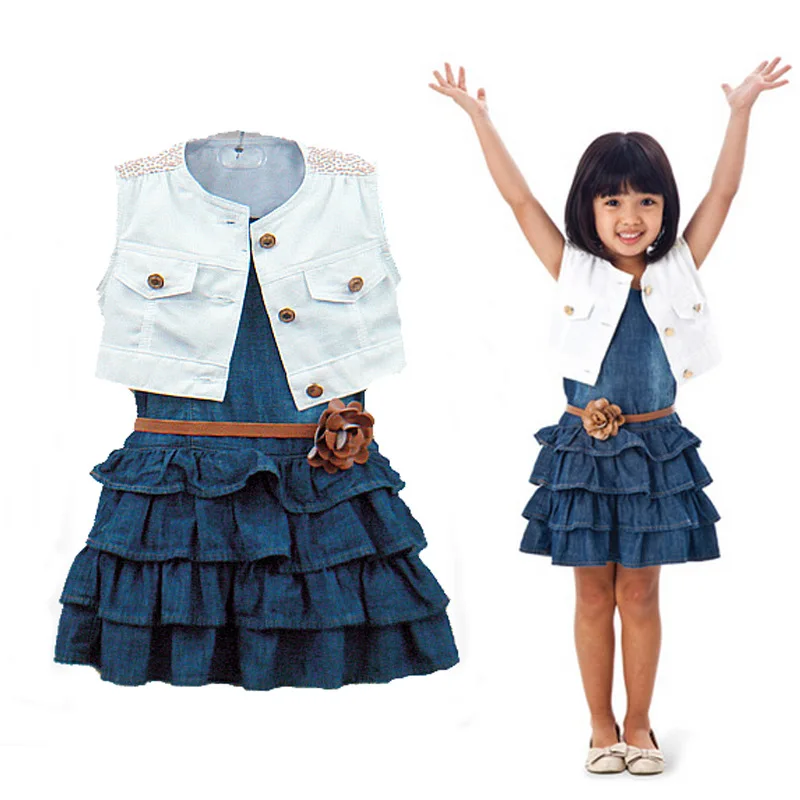 

Ins summer new children's dress GIRLS NAVY style retro denim dress three piece Vest belt Set Princess Ruffle dress set ST20004