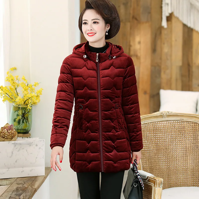 

Middle-aged WOMEN'S Apparels Winter Solid Color Cotton-padded Clothes Mid-length Large Size Cardigan Grandma-Thick Gold Velvet H