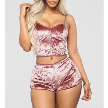 

Fashion Women 2pcs Velvet Sleepwear Sexy Spaghetti Strap Velvet Shorts Pajama Set Ladies Sleepwear female Pajama Party Set