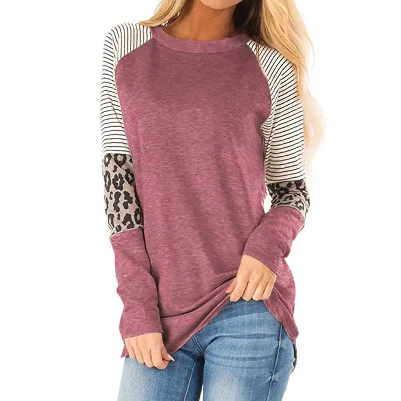 Осень, полосатая женская футболка с длинным рукавом, женская зимняя теплая леопардовая футболка, женская футболка с круглым вырезом - Цвет: Фиолетовый
