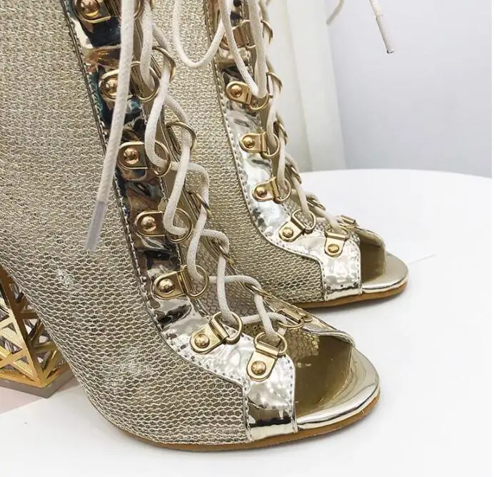 Hollow Shiny Female Boots Spring Summer New Luxury Rough-heeled Cross-strap Sandals Temperament Fishmouth Breathable Boots