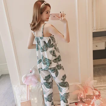 

3PCS Sexy Milk Silk Spaghetti Strap Pajamas Sets For Women Autumn Long Sleeve Print Robes Pyjama Home Clothing Homewear 3 Pieces