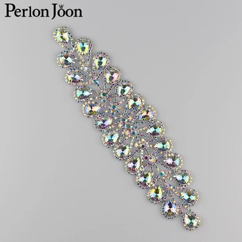 

10pcs/lot 8.26*2.11 inch Ab Crystal long rhinestone patch for sleeves waist for Wedding dress Clothing Shoes accessories YH Z015