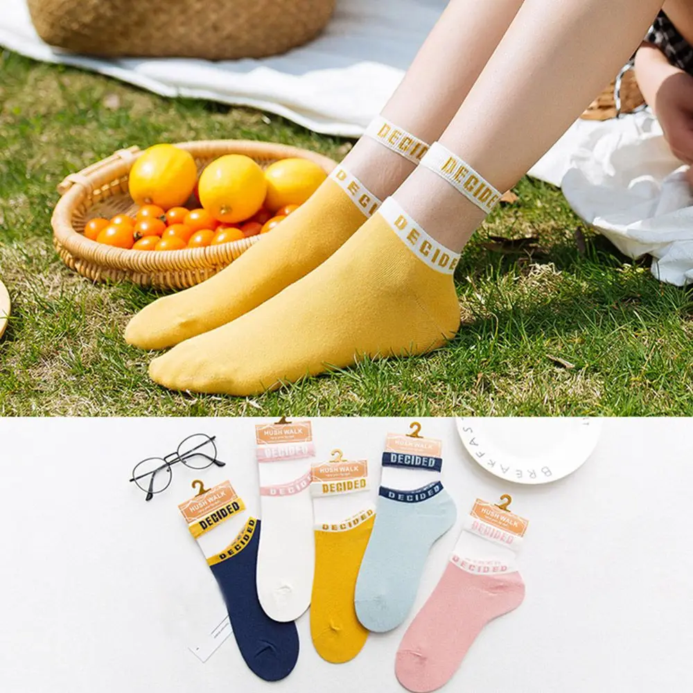 

Fashion Women Glass Cotton Silk Socks Bright Color Letters Lace Casual Breathable SocksTrendy Korean Style Socks Five Colors
