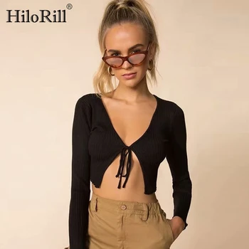 

Sexy V Neck Cardigan Sweater Women Fashion Solid Tie Belt Short Sweater 2020 Spring Ladies Casual Long Sleeve Knitted Tops