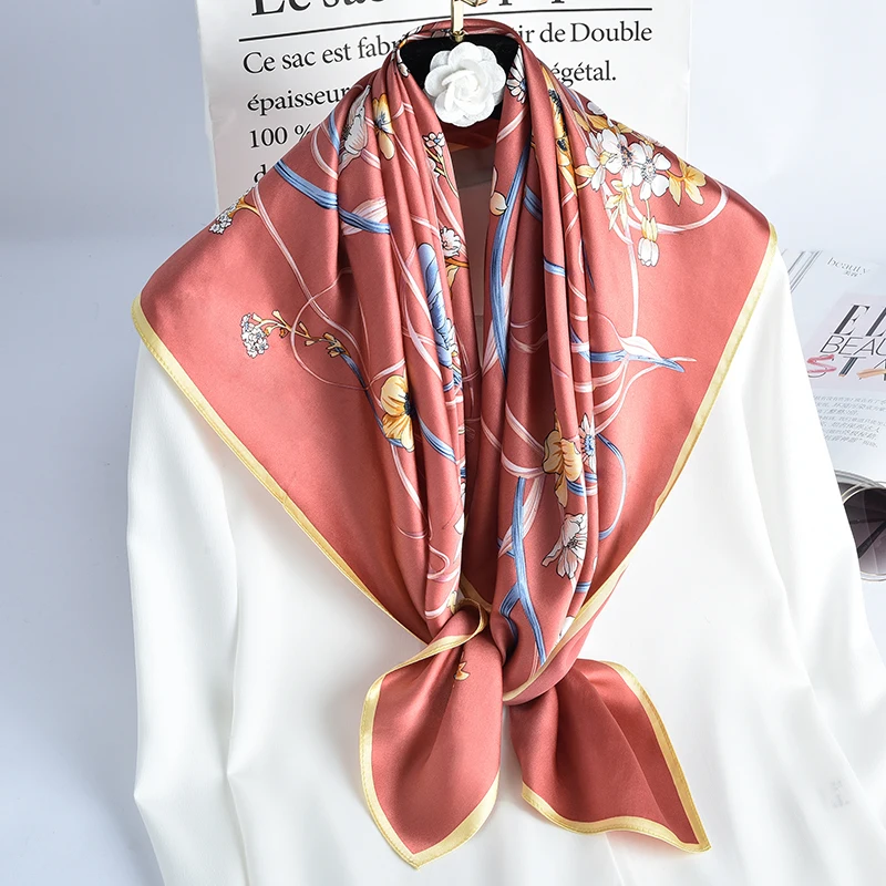 Women 2022 Square Silk Scarves Printed Wrap 100% Hangzhou Real Silk Bandana Foulard Femme Kerchief 14mmSilk Square Scarf 88*88cm