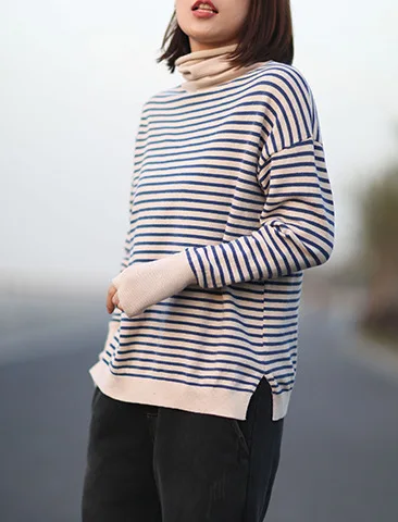 Korean Women Casual Loose Thin Tshirt All Match Striped Turtleneck Autumn Winter Female T-shirt Sweater Women Casual Basic Wear