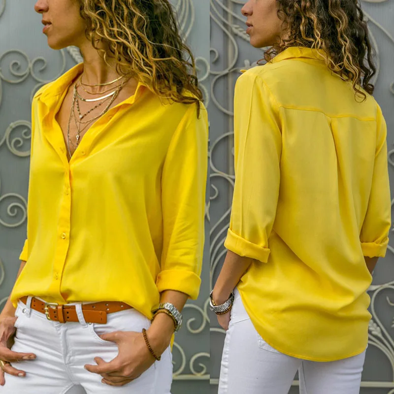 Blusa informal de oficina de manga larga con botones para verano, camisa básica ajustada de talla grande para mujer, 2021