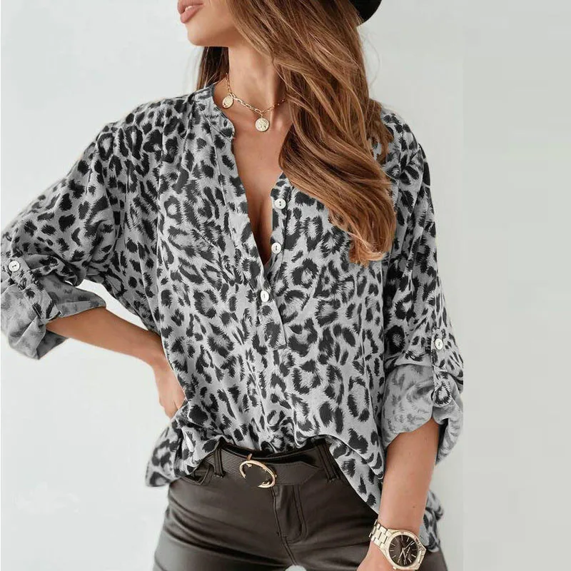 Casual Adjust Button Long Sleeve Female Blouse New Spring Sexy V Neck Leopard Shirt Blusa 2021 Elegant Women Loose Pullover Tops