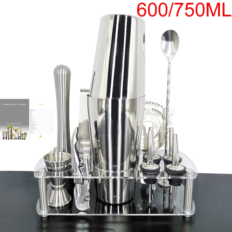Cocktail Shaker Stainless Steel Bar Tools 13-Piece Bartender Kit With Stand and Recipes Booklet Reusable Ice Cubes