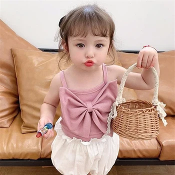 

1-6Y Baby Girls Rainbow Striped Camisole T-shirt for Children Cotton Tops Clothes 2020 New Kids Summer Bow Print Vest Shirts