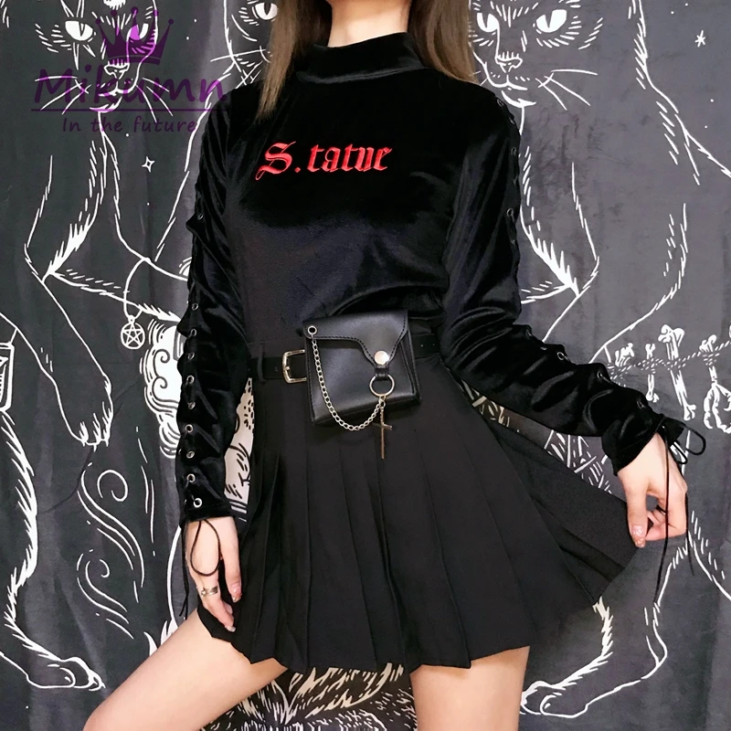 

New Women T-shirts Harajuku Gothic Black T-shirt Letter Embroidery Hollow Out Long Sleeve Turtleneck Punk Streetwear Ladies Tops