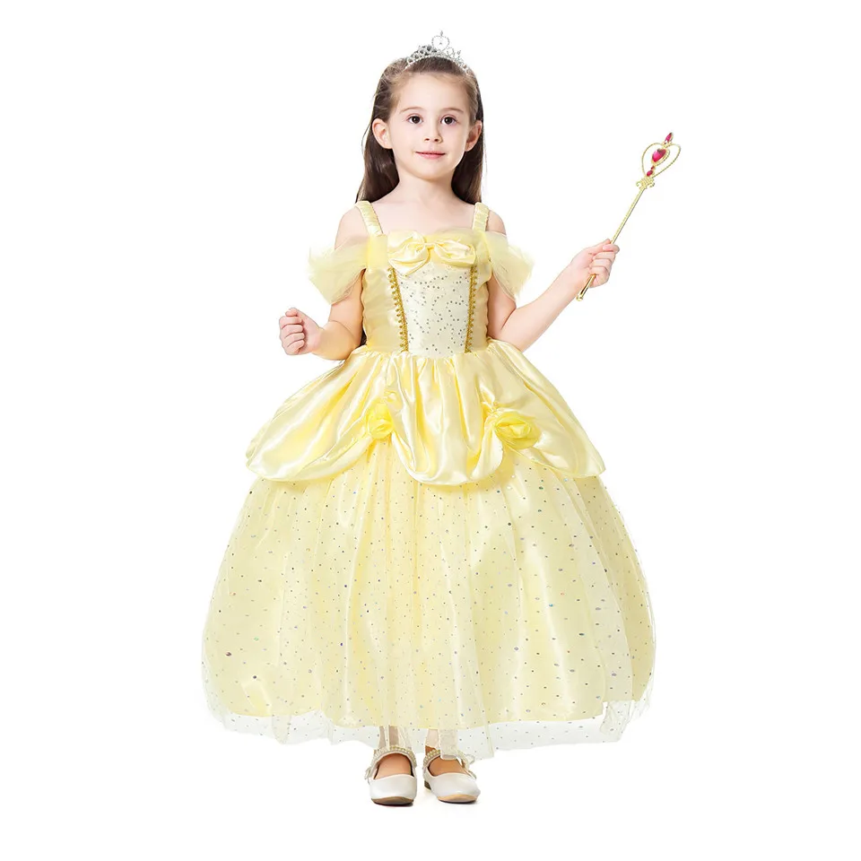 Коллекция года, платье Белль для девочек, фантазийное желтое платье феи с открытыми плечами, нарядное карнавальное платье для девочек, Красавица и чудовище, одежда принцессы