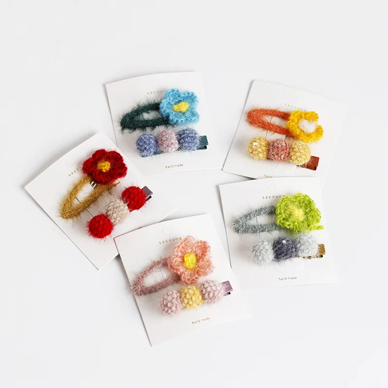 

Free shipping fashion set Knitted wool flowers Children's hairclips ins BB girl's hairpins kid's side clips hair accessories