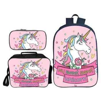 

3pcs/set Children Unicorn Printing Backpack Students Book Bag with Purse Case Bagpack Kids School Bag for Teenager Girls