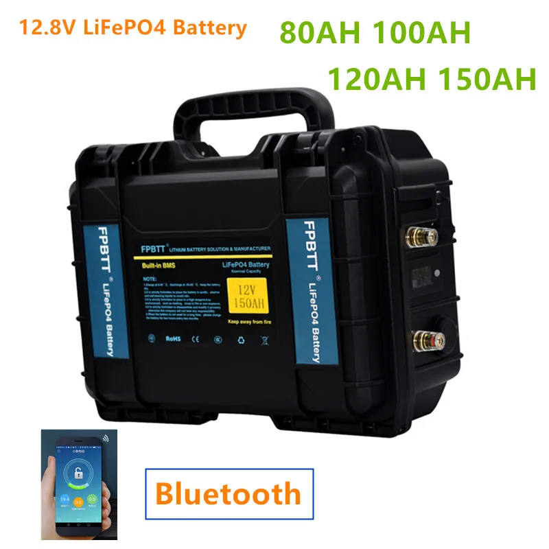 LiFePO4-batería de litio de 12v, 80ah, 100ah, 120ah, 150ah, con Bluetooth, BMS, 12,8 v, lifepo4, cargador de 10A para motor de barco