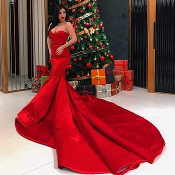 

Christmas Red Sweetheart Neck Chapel Train Mermaid Glitter Satin Evening Dress 2020