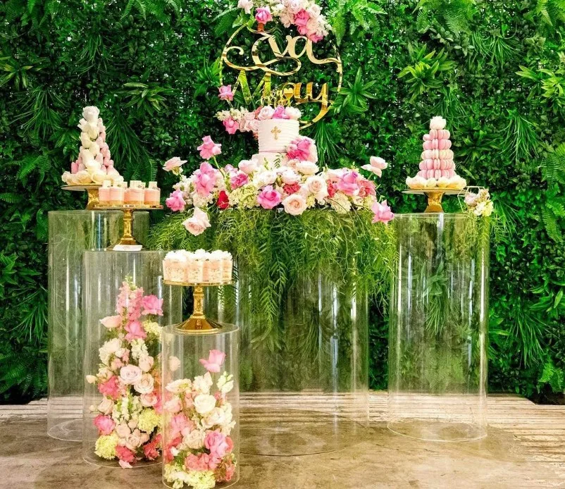 Clear Acrylic Plinth Stand Metal Cylinder Pedestals Flower Dessert