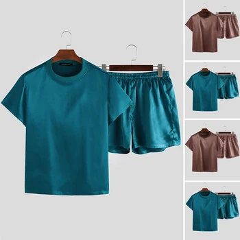 

INCERUN Men Pajamas Sets Short Sleeve Solid Color Tops Shorts Summer Silk Homewear Mens Casual Comfortable Two-Piece Sleepwear