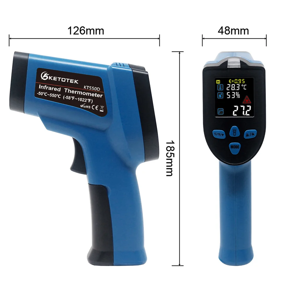 Цифровой инфракрасный термометр гигрометр лазерный измеритель температуры и влажности пистолет ЖК-пирометр 380C 550C 0,1-1,0 регулируемый