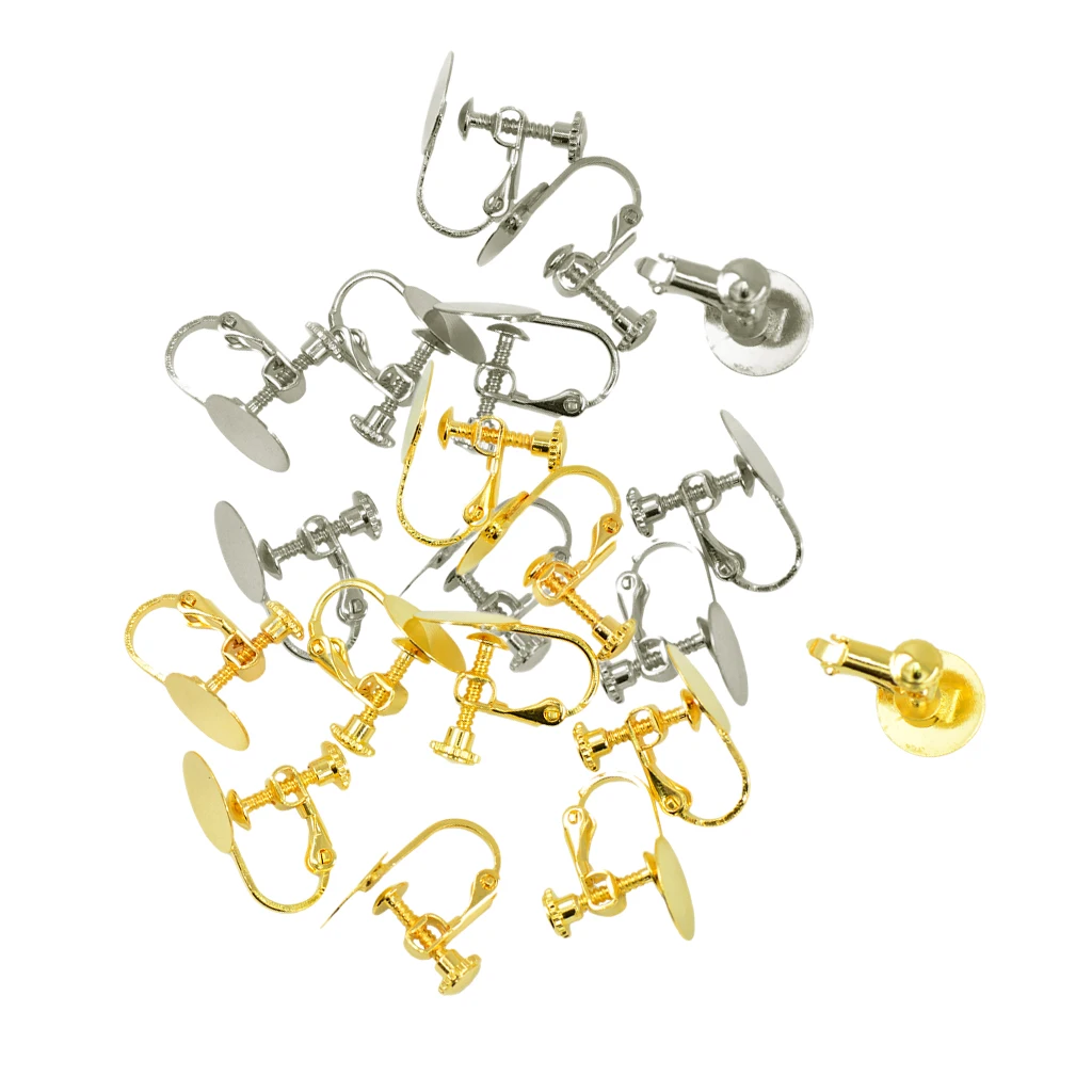 20pcs Gold silver color Tone Blank Earrings Bases with 12mm Flat Glue Pad Clip On Screw Earring Jewelry Findings for Non Pierced Ears