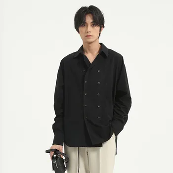 

Men Double Breasted Long Sleeve Casual Shirt Male Japan Korea Style Streetwear Fashion Solid Color Shirt