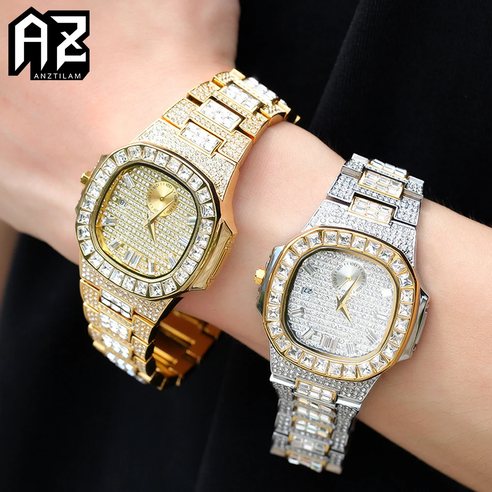 

AZ Iced Out Watch For Men Women Bling Zircon Gold Silver Color Stainless Steel Waterproof Luxury Quartz Watch Wristwatch Gifts