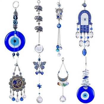 

H&D Handmade Lucky Hamsa Turkish Blue Evil Eye Crystal Suncatcher Pendant Wind Chimes Amulet Home Wall Garden Hanging Decoration
