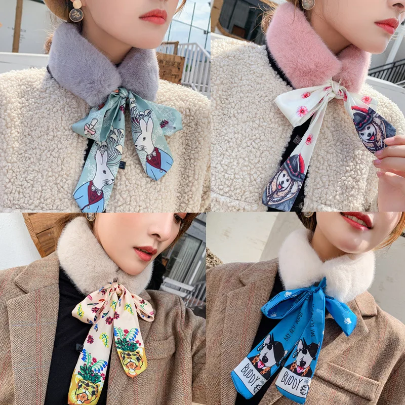 

Scarf female winter imitation rex rabbit fur cartoon pattern bow ribbon plush ribbon autumn and winter fur collar bib tide