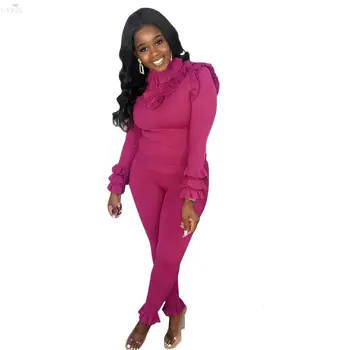 

Spring Tracksuit Women Set Turtleneck Full Sleeve Zipper Ruffles Skinny Solid Color Two Piece Set Top And Pants Women Outfits
