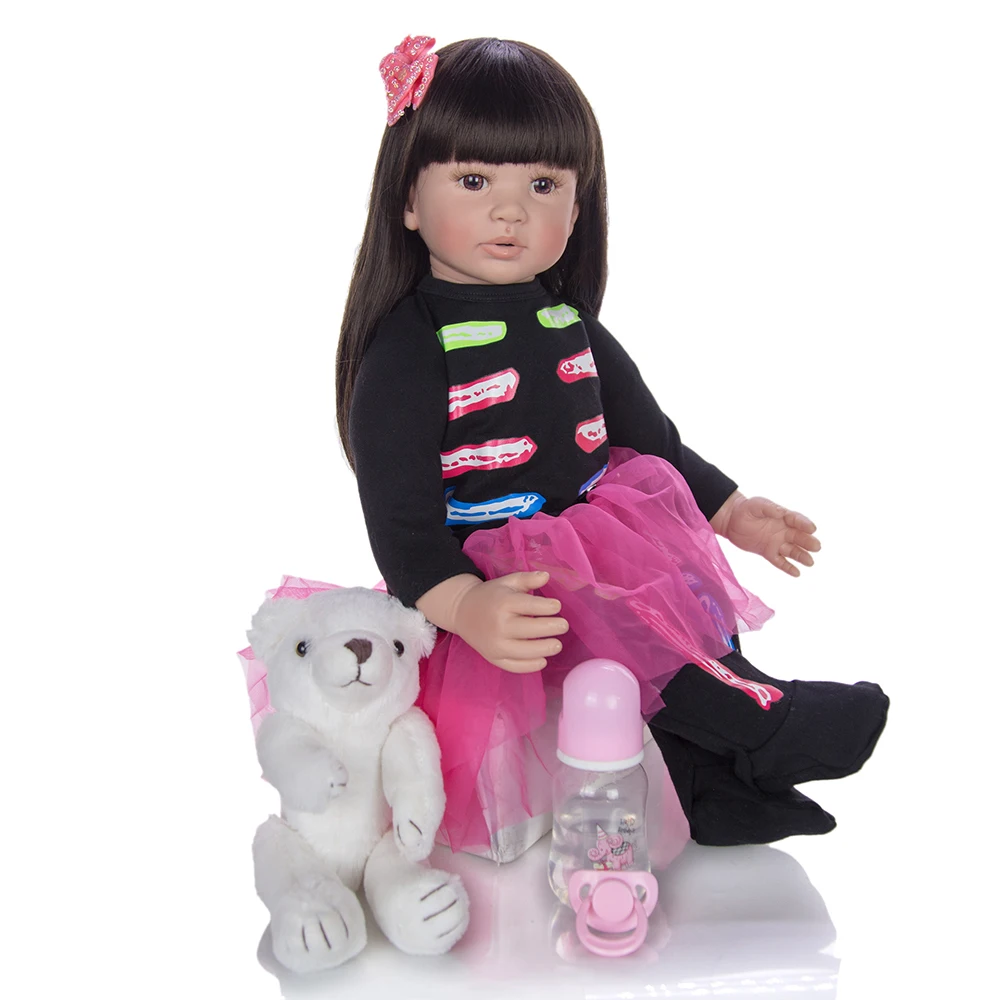

60CM high quality reborn toddler Girl doll in black dress bebe doll reborn 6-9Month real baby size doll gift