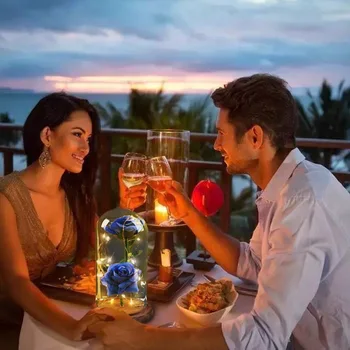 

Valentine's Day Gifts Artificial Silk Rose Flowers LED Light String Colorful Rose Gift Women Girls in a Glass Dome USB Powered