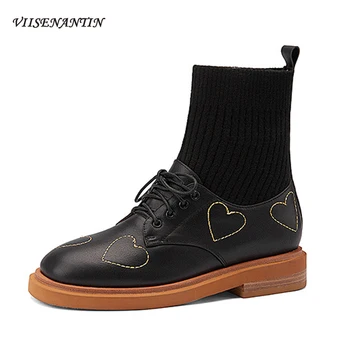 

Autumn New Style Cowhide Stitching Wool Tube Round Toe Flat Ankle Boots Retro Embroidery Peach Heart Women Elastic Socks Boots