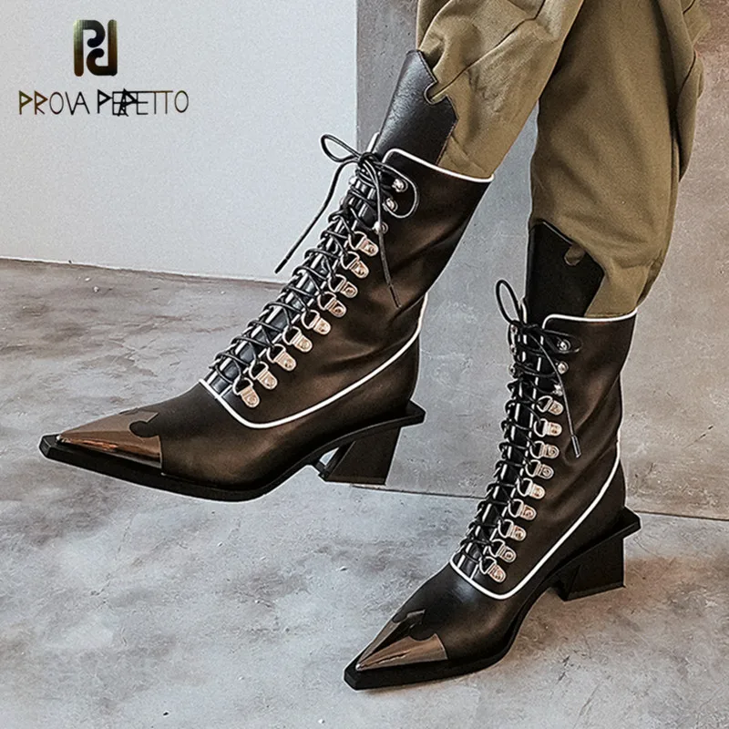 

Prova Perfetto Woman Motorcycle Boots Genuine Leather High Heels Mid-calf Boots Pointed Toe Night Club Shoes Woman Snow Boots