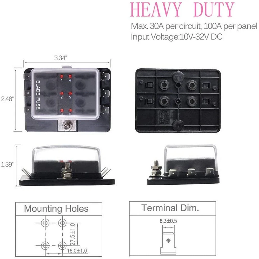6-Way Car Blade Fuse Box ATC/ATO Blade Fuse 100 Amp With LED Indicator Protection Cover DC12V 32V Automatic for Car Truck Boat fuse box holder,fuse box