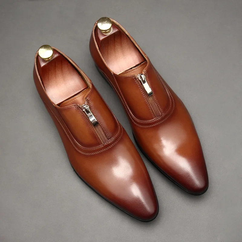 Big Yards Mens Genuine Leather Wedding Dress Shoes Men Oxfords Business Office Career Work Pointed Toe Zip Cowhide Shoes 36-44