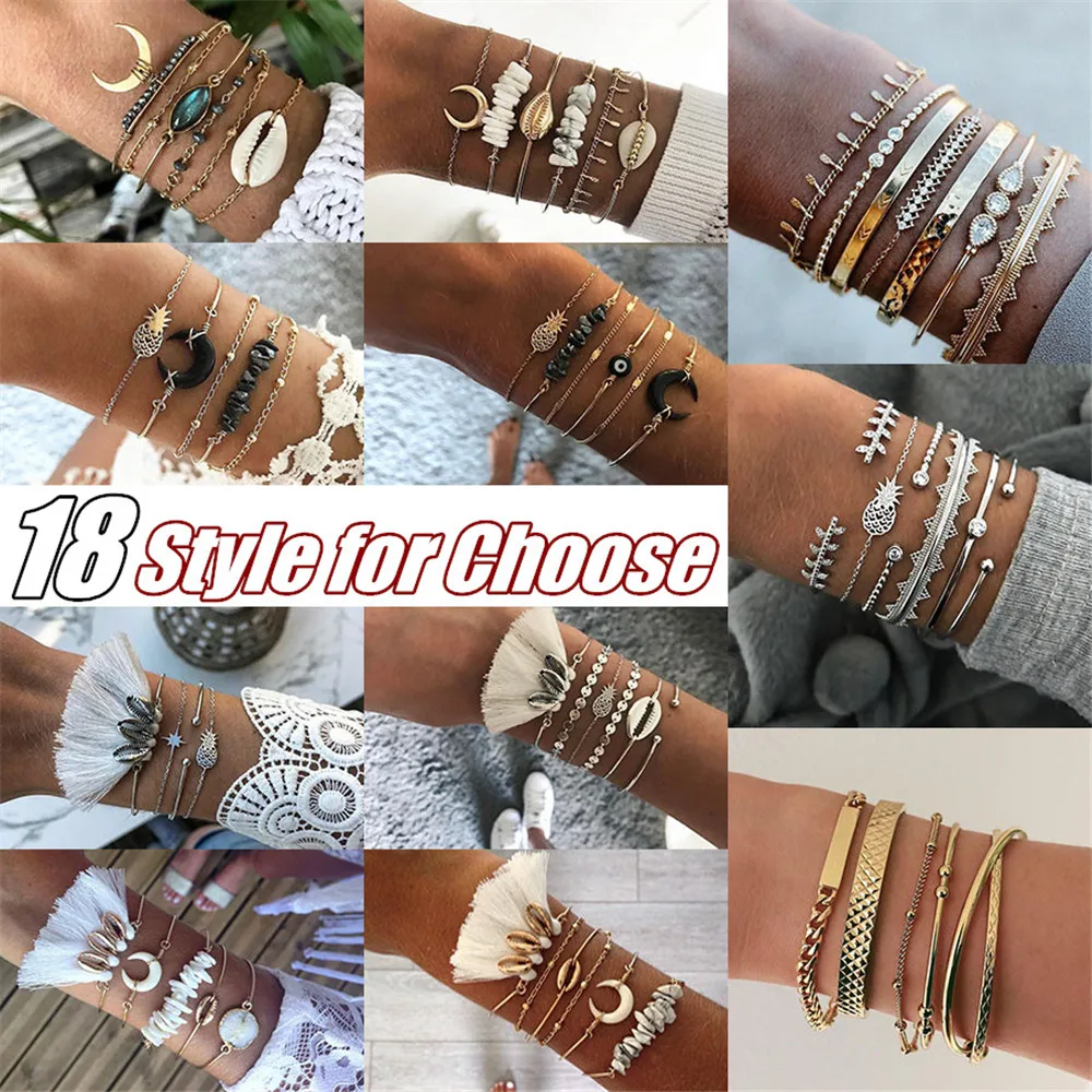 

MLING 18 Style Vintage Multi-layer Alloy Bracelet Bohemian Star Moon Tassel Shell Pineapple Bracelet For Women