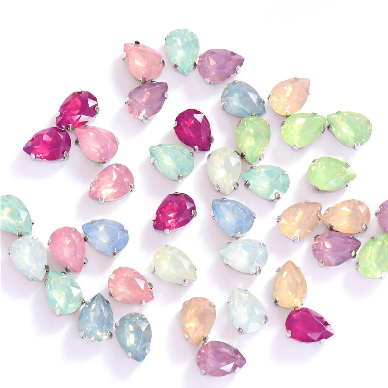 Hot Sale Teardrop Opal Resin Sew On Rhinestones With Silver Claw Red Crystal Sewing Rhinestones for Needlework Zipper Sliders