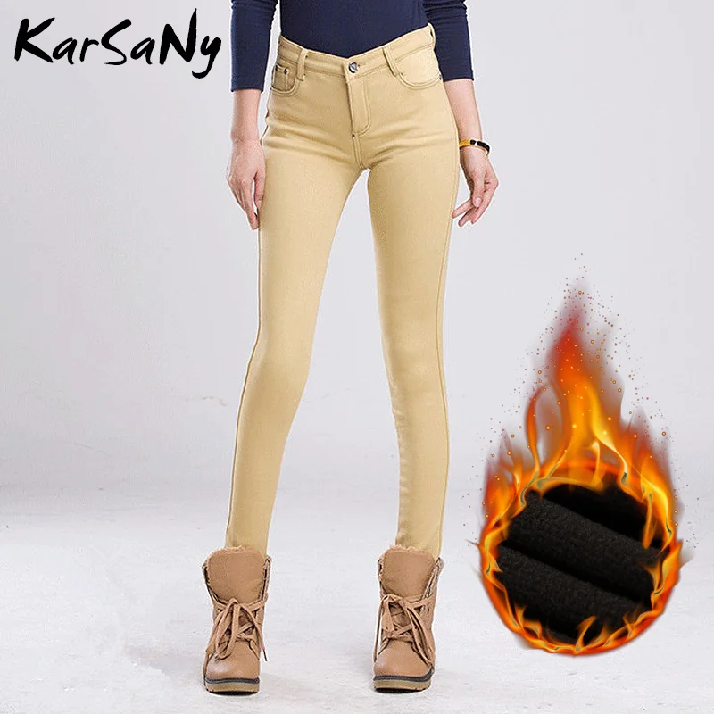 Повседневные Зимние флисовые штаны для женщин, плюс размер, брюки с высокой талией, обтягивающие штаны для женщин, бархатные женские брюки, зимние для офиса - Цвет: Khaki