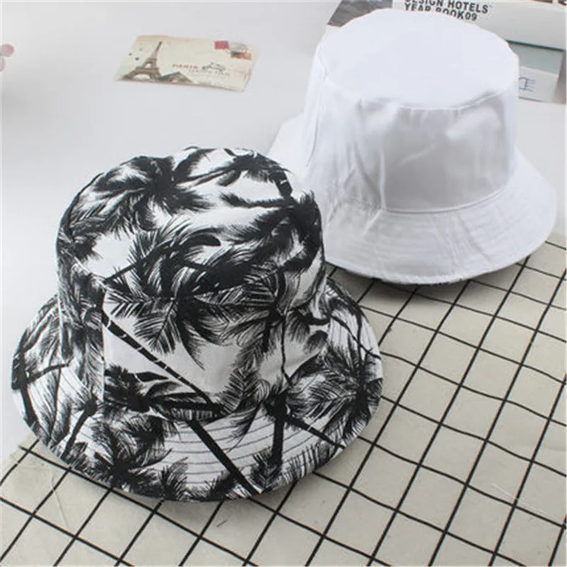 Fashion Coconut Tree Printed Hat White Black Bucket Hat Reversible Fisherman Caps Summer Sunscreen Hats For Men Women