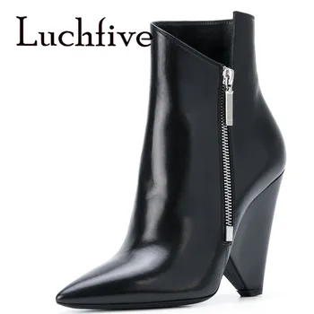 

10cm High Heel Wedge Boots Genuine Leather Red Black Pointed Toe side zipper Ankle Boots Office Shoes Women