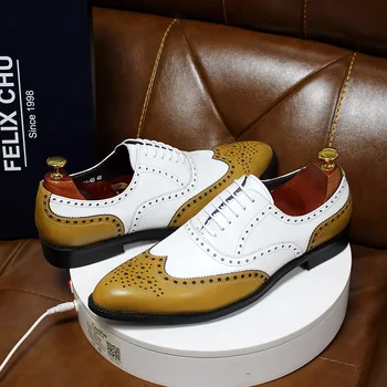 

Luxury Men's Handmade Wingtip Oxford Shoes White Brogue Lace Up European Calfskin Pointed Toe Leather Wedding Mens Dress Shoes
