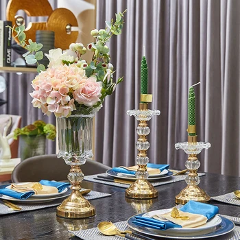 Nordic romantic dining table candle + candle holders Ornaments crystal glass petal gold metal candle holder wedding decoration