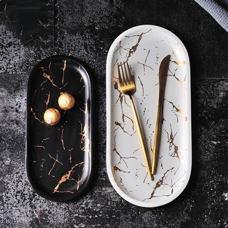 

Nordic Marbled Ceramic Oval Plate Western Dish Dessert Plate Jewelry Storage Tray Tableware Accessories Sushi Seafood Dish