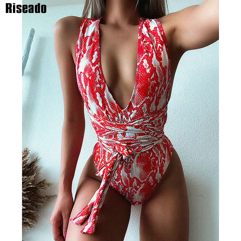 

Riseado Deep V-neck One Piece Swimsuit Cross Bandage Swimwear Women 2020 Snake Print Bathing Suit Backless Beachwear Summer