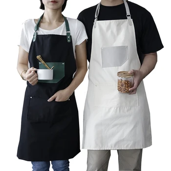 

New Fashion Canvas Cotton Aprons For Women Men Adjustable Leather Strap Apron With Leather Pocket And Center Pockets Pinafore
