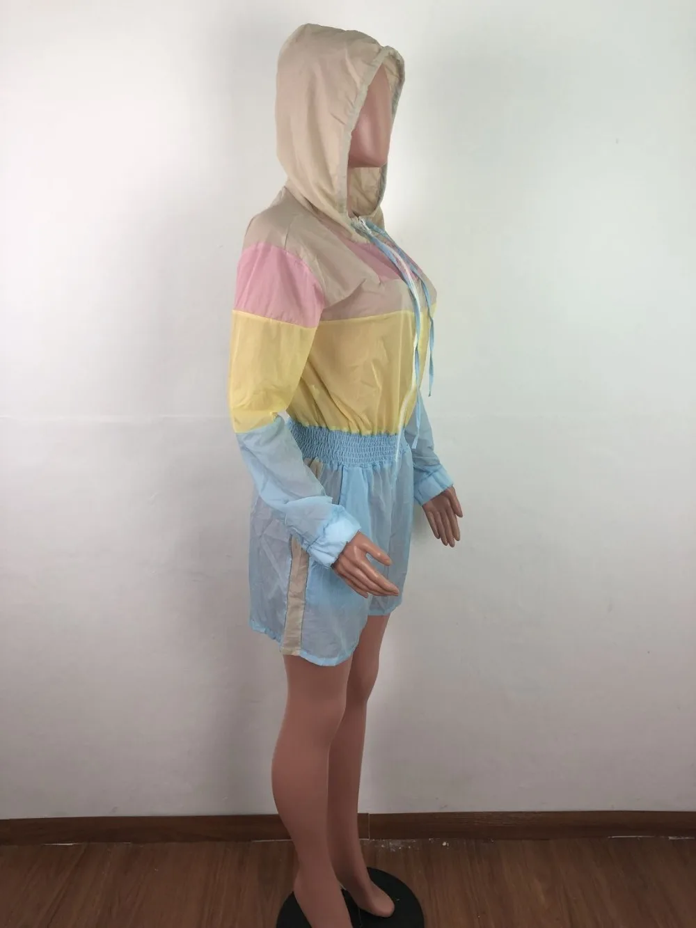 women summer zipper up hooded colorful patchwork short Sunscreen jumpsuit sports romper playsuit 3 color tracksuit DAJ4062