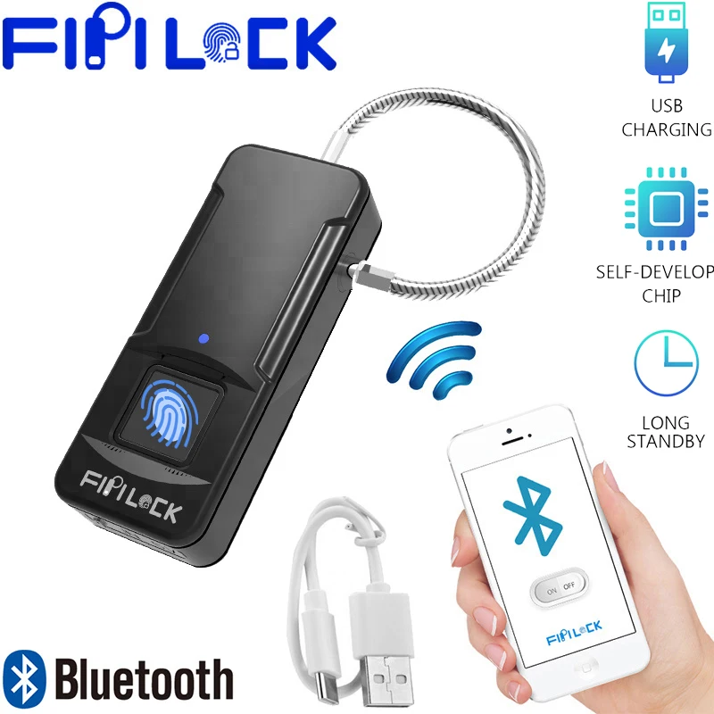 

Fipilock Bluetooth Fingerprint Lock Keyless USB Rechargeable Door Luggage Case Lock Anti-Theft Fingerprint Padlock with Cable