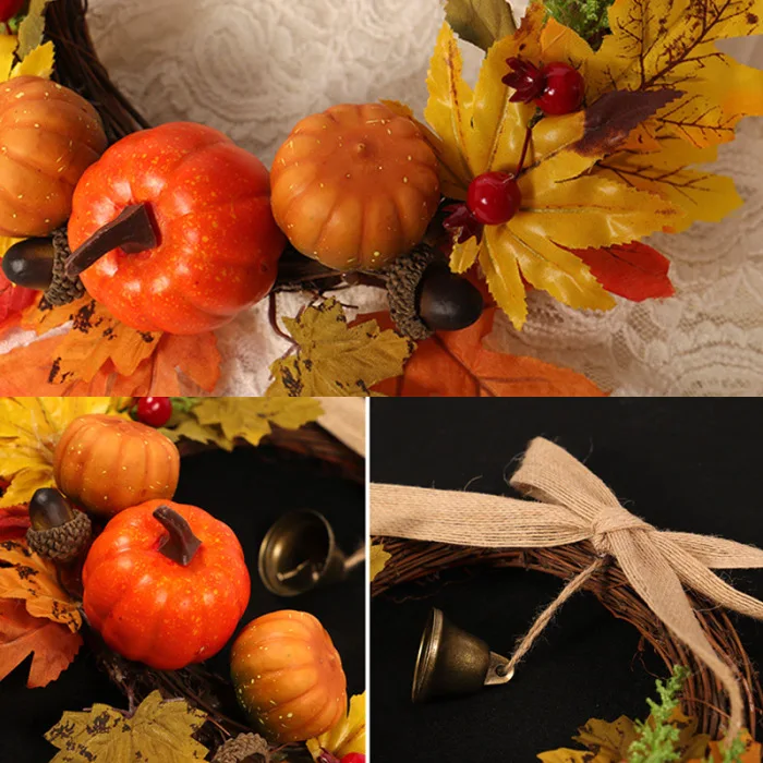 Новые осенние листья Тыква венок с колокольчиком Хэллоуин День благодарения передней двери домашний декор